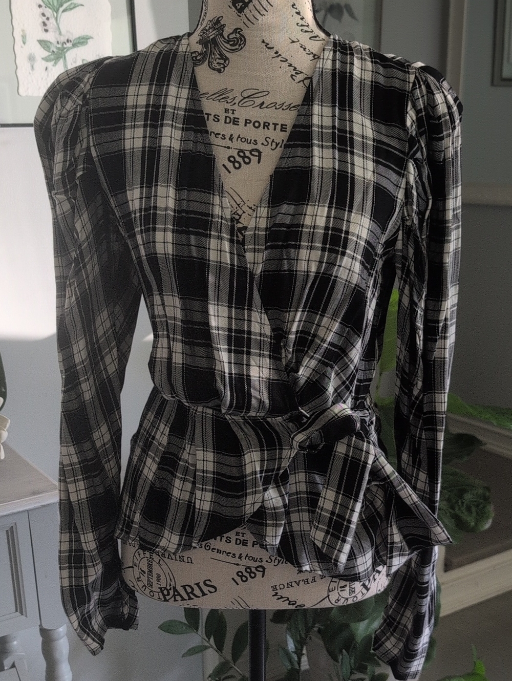 Express Black & White Plaid Wrap Blouse with Side Tie. NWT